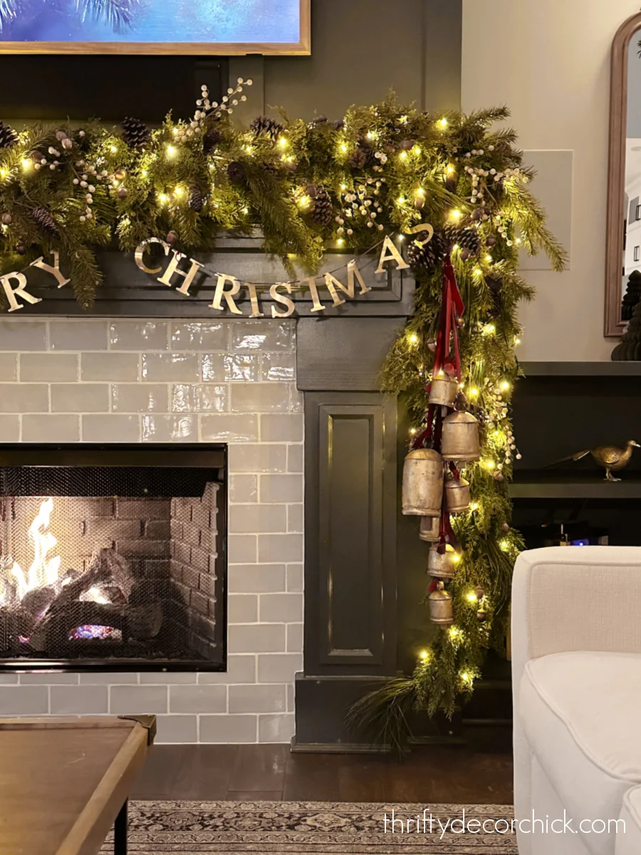 full garland on Christmas mantel